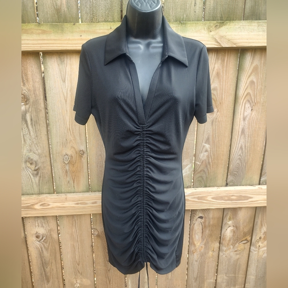 🏵️ Alice + Olivia Black Marsha Ruched Collar Polo Mini Dress NWT